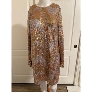 H&M Sequins Long Sleeve Shift Dress Rose Gold Multi Color Metallic Party Size M